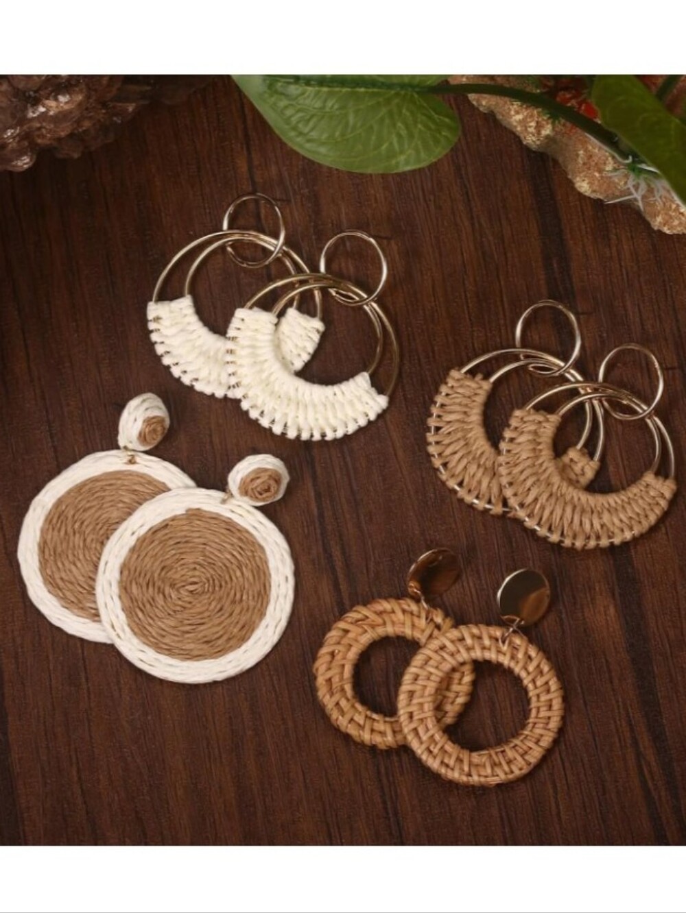 NWT 4 Pairs Handmade Raffia Rattan Bohemian Statement Drop Hoop Earrings Summer